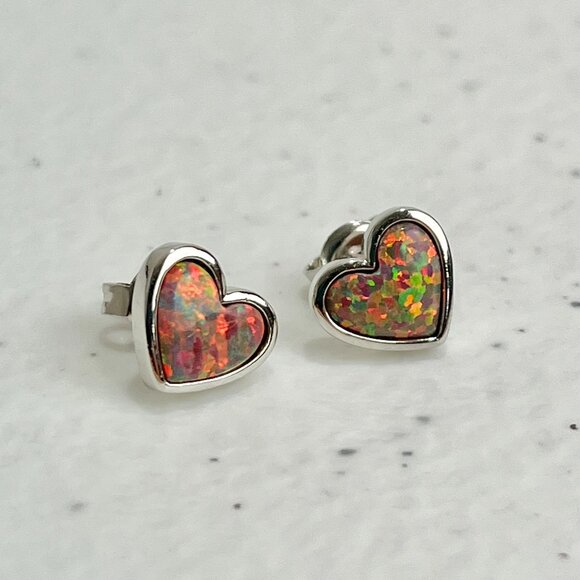 QVC Opal Earrings 925 Sterling Silver 10mm Posts Red Opals Heart Studs - Picture 1 of 12